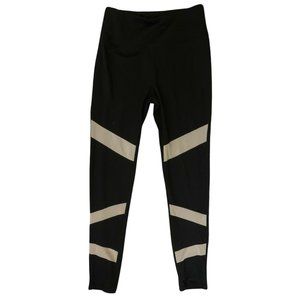 Donna Karan Active Black Leggings with Beige Tan Mesh Striped Panels